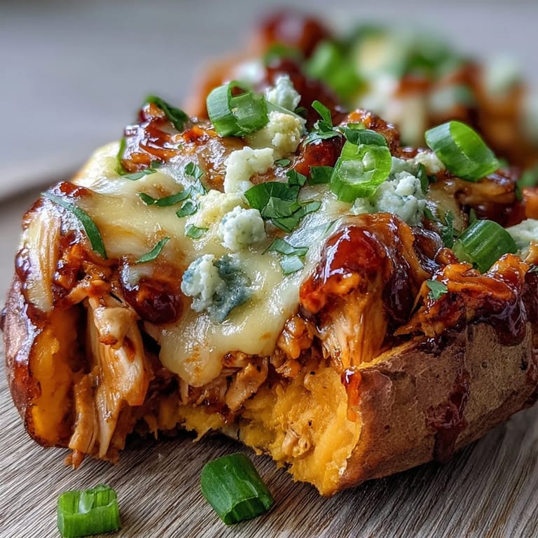 Fork-tender sweet potato boats overflowing with tender honey BBQ chicken and gooey cheddar, finished with fresh herbs for dinner.