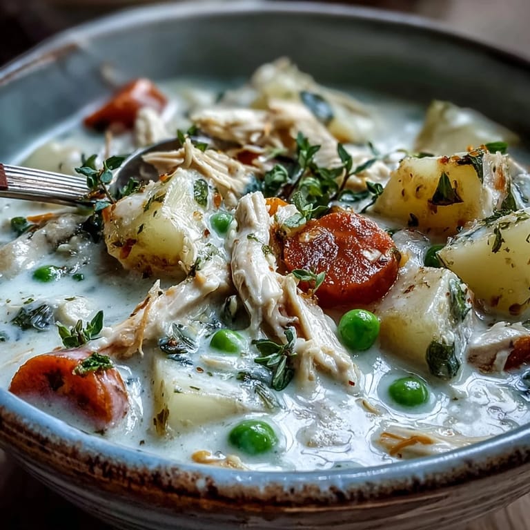 Bowl of Creamy Chicken Pot Pie Soup topped with flaky puff pastry squares, beside a spoon ready for a comforting family dinner.