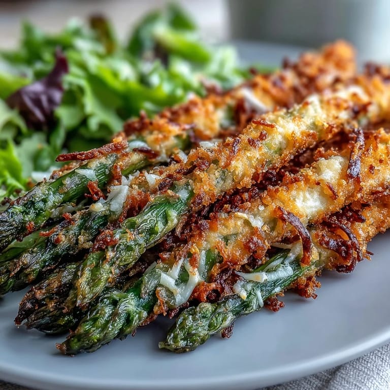 A fork rests beside the salad, showcasing the crunchy baked asparagus and a drizzle of zesty lemon dressing.