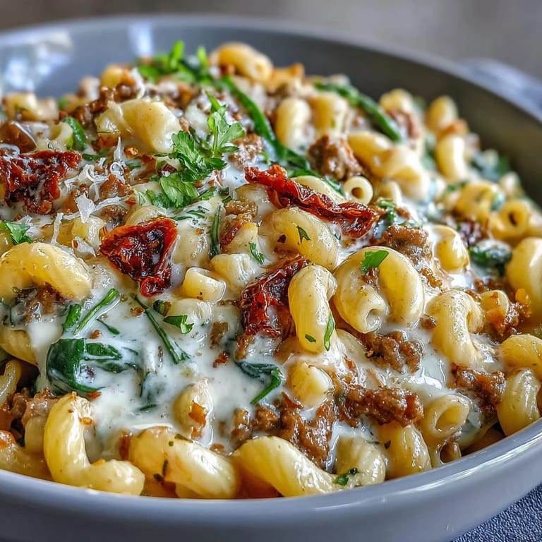 Tender pasta in Creamy Tuscan Chili Mac is served in a shallow bowl, garnished with extra Parmesan.