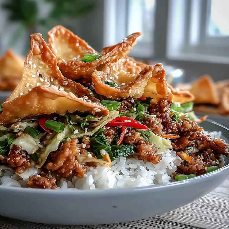 A close-up view of deconstructed Crispy Baked Egg Roll Chicken Bowls, garnished with green onions and sesame seeds next to a small dipping sauce.
