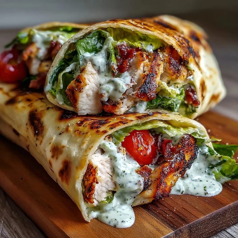 Serving suggestion for Garlic Naan Grilled Chicken Caesar Wraps on a plate with lemon wedges, extra Parmesan, and a drizzle of Caesar dressing.