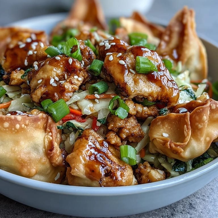 A close-up view of Crispy Baked Egg Roll Chicken reveals colorful stir-fry textures and glistening sesame seeds on a warm bed of jasmine rice.