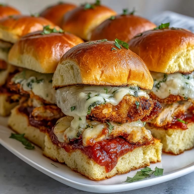 Warm Pesto Chicken Parmesan Sliders served on a rustic wooden board with extra marinara sauce for dipping.