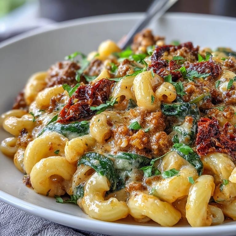 A close view of Creamy Tuscan Chili Mac with melted mozzarella and Parmesan topping a rich sauce.