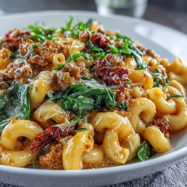 Wide shot of Creamy Tuscan Chili Mac in a skillet next to a glass of white wine.