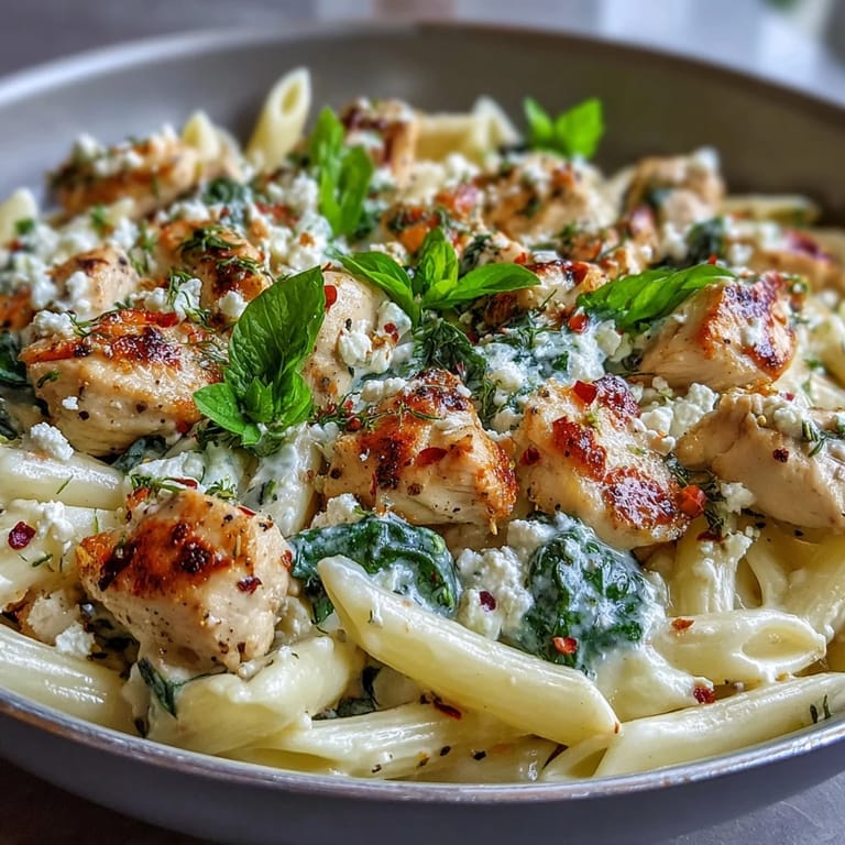 Served Greek Chicken Feta Pasta Skillet garnished with fresh parsley and lemon wedges for a bright finish.