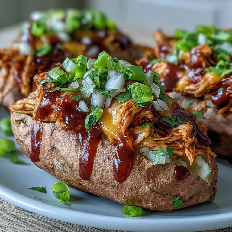 Juicy shredded chicken in tangy honey BBQ sauce piled into fluffy sweet potato boats, topped with fresh green onions for color.
