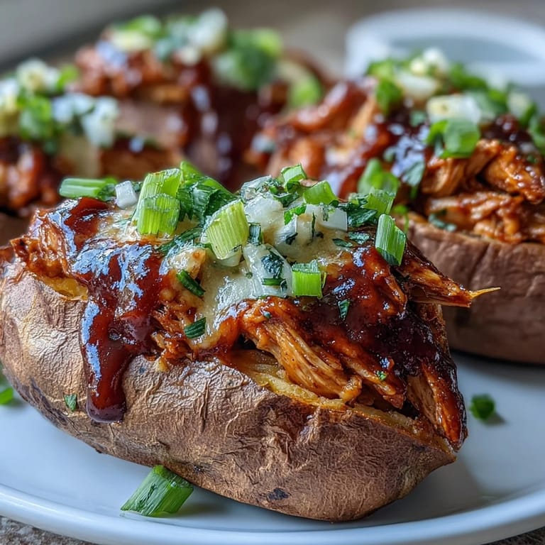 Fork-tender sweet potatoes filled with smoky honey BBQ chicken, garnished with cilantro and red onion for a fresh, crunchy finish.