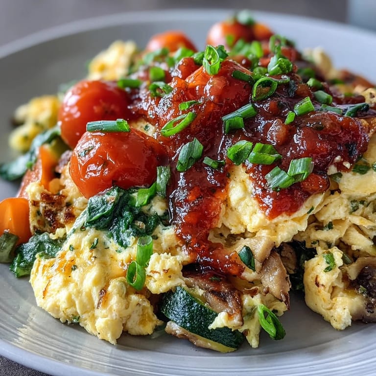 Vibrant sautéed peppers, zucchini, and spinach in a skillet for a healthy Egg White Veggie Scramble with Salsa.