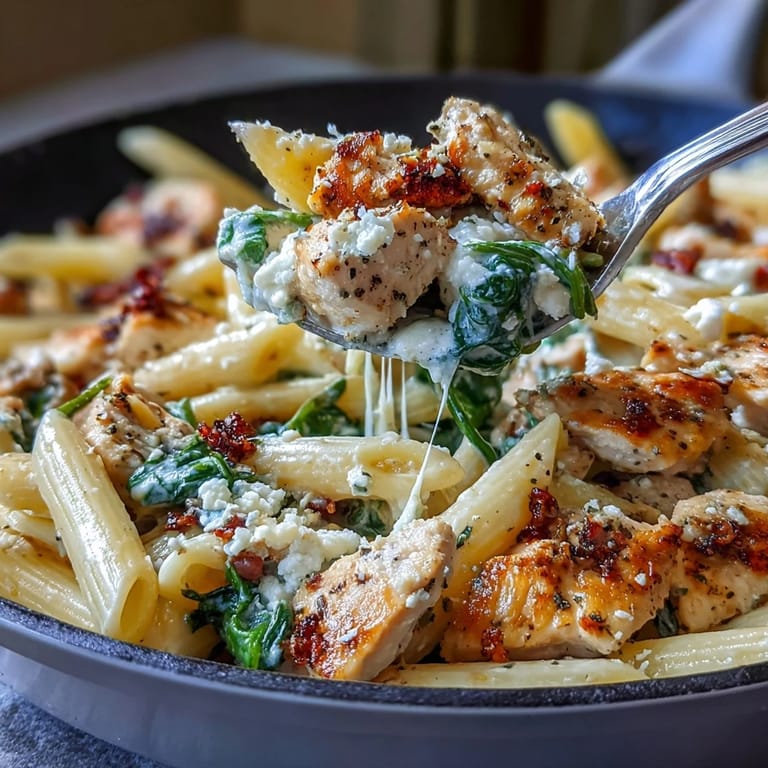 Served Greek Chicken Feta Pasta Skillet garnished with fresh parsley and lemon wedges for a bright finish.