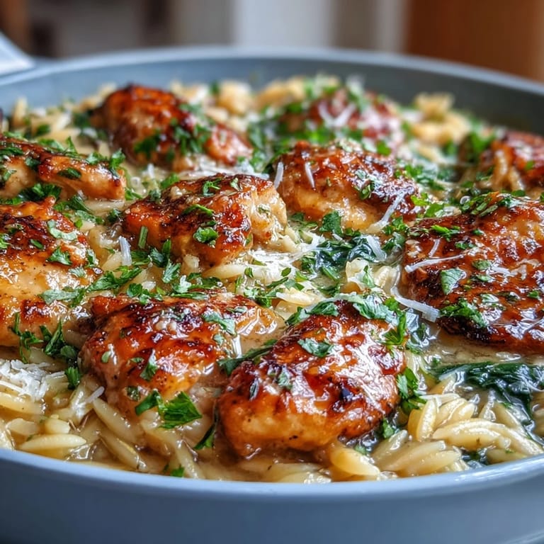 Tender chicken thighs simmered with orzo, garlic, and lemon in a vibrant, comforting one-pot dinner.