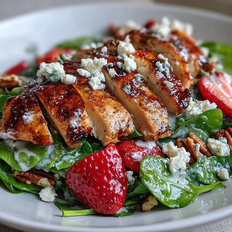 A wholesome American salad featuring tender grilled chicken, vibrant strawberries, baby spinach, and crunchy nuts, all drizzled with tangy poppy seed dressing.