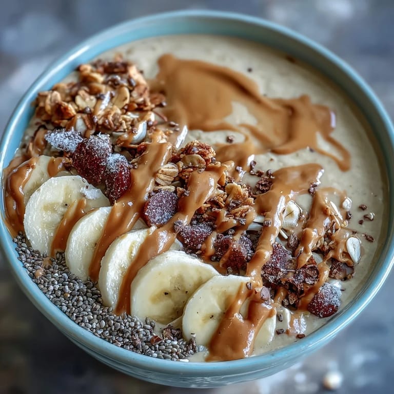 Rich and creamy vegan peanut butter banana protein smoothie bowl, garnished with fresh fruit, chia seeds, and a drizzle of peanut butter.