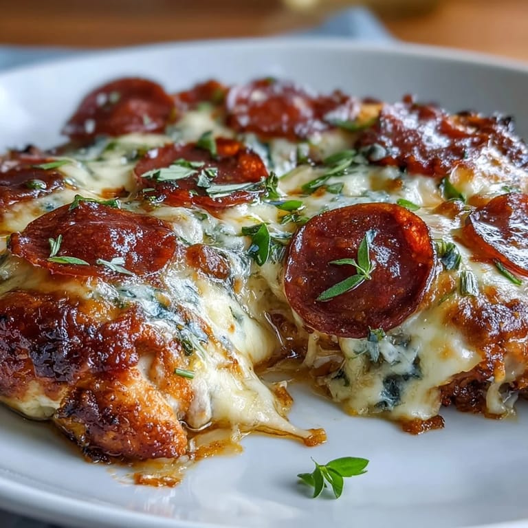 Cheesy, saucy chicken breasts topped with pepperoni slices and Italian herbs in a low-carb, crowd-pleasing bake.