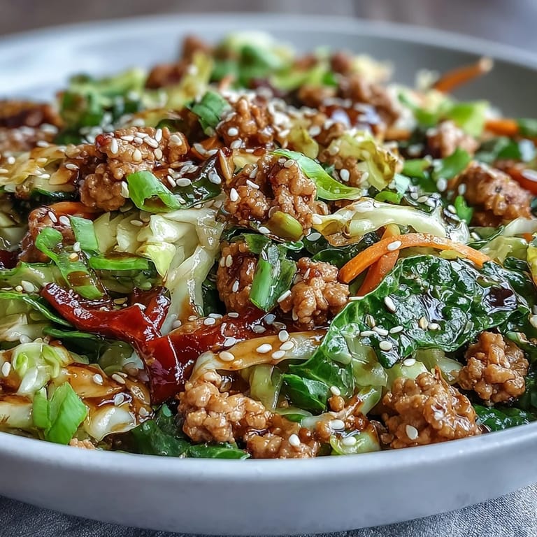 A steaming plate of high-volume cabbage and turkey stir-fry, packed with crisp veggies and savory flavors.