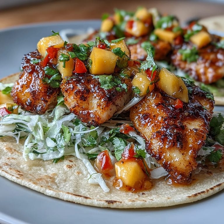 Fresh tilapia tacos with zesty mango salsa, crisp cabbage, and lime wedges in corn tortillas.