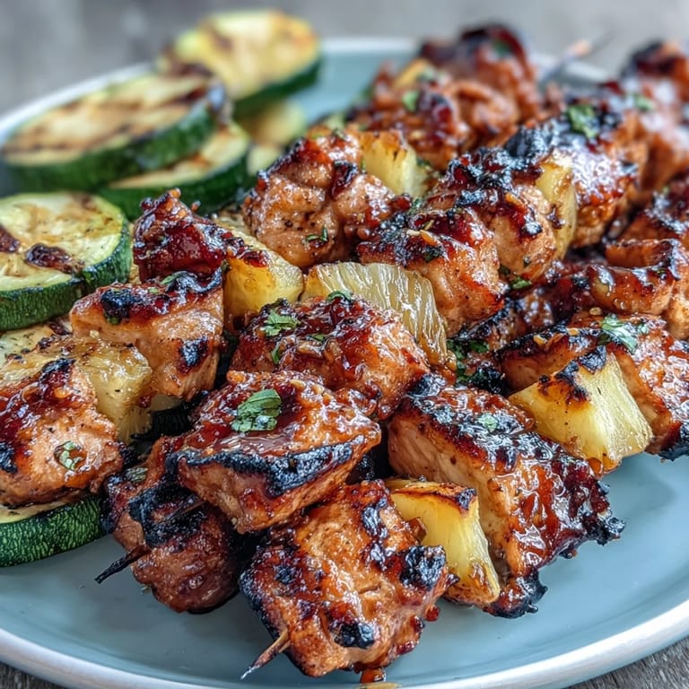 Honey-lime marinated chicken, tender zucchini, and caramelized pineapple chunks grilled on skewers for a fresh and flavorful dinner.