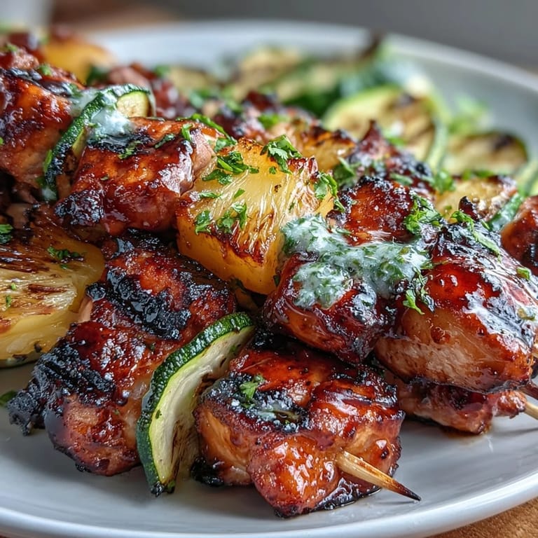 Colorful chicken skewers with zucchini and pineapple, grilled to perfection and brushed with zesty honey-lime glaze.