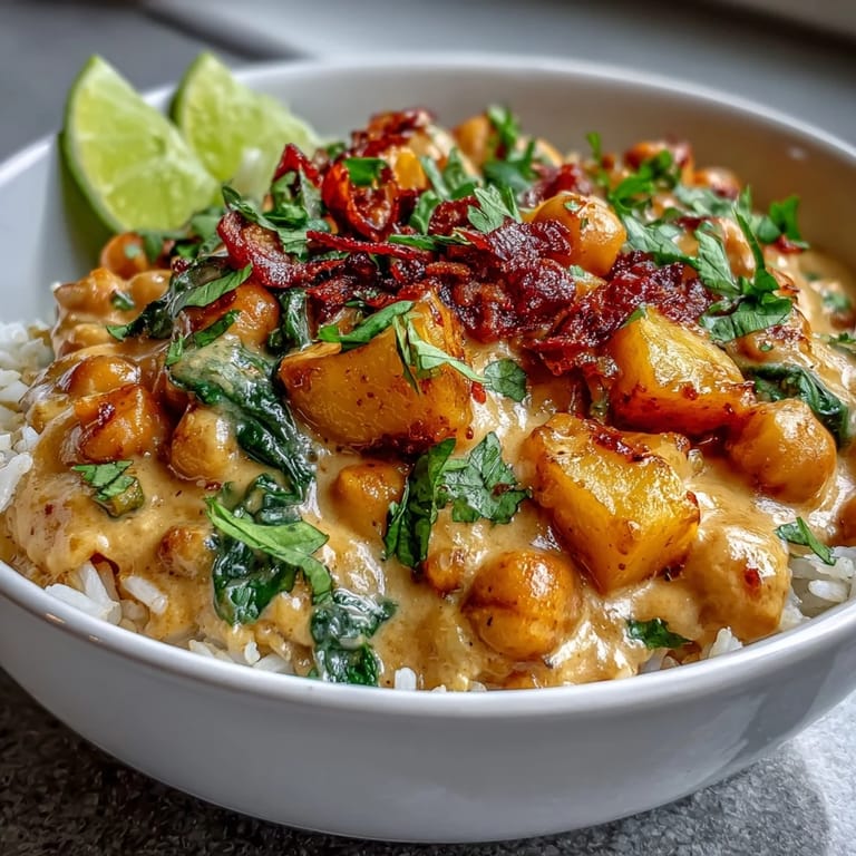 Creamy, sweet, and spicy mango chickpea curry with bell peppers and coconut milk, spooned over steamed basmati rice.  