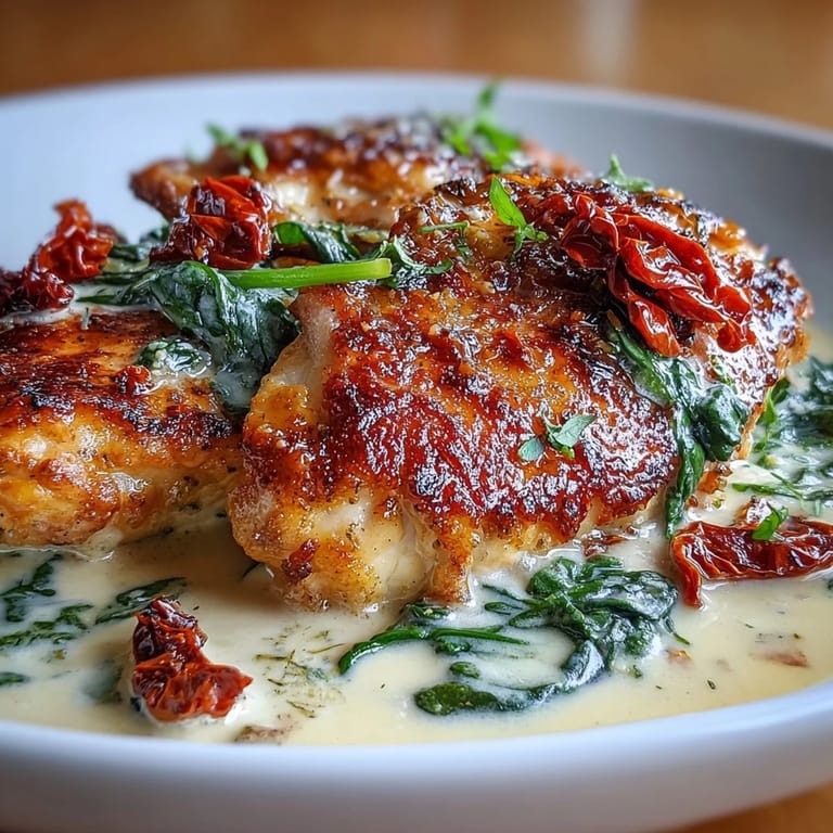Golden-brown chicken breasts simmered in a velvety cream sauce with sun-dried tomatoes and baby spinach, creating a luscious and satisfying keto meal that's bursting with Italian flavor.
