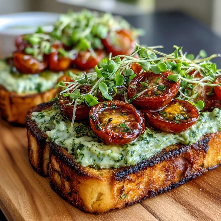 Creamy avocado pesto spread on golden sourdough, garnished with juicy cherry tomatoes and crisp microgreens.  
