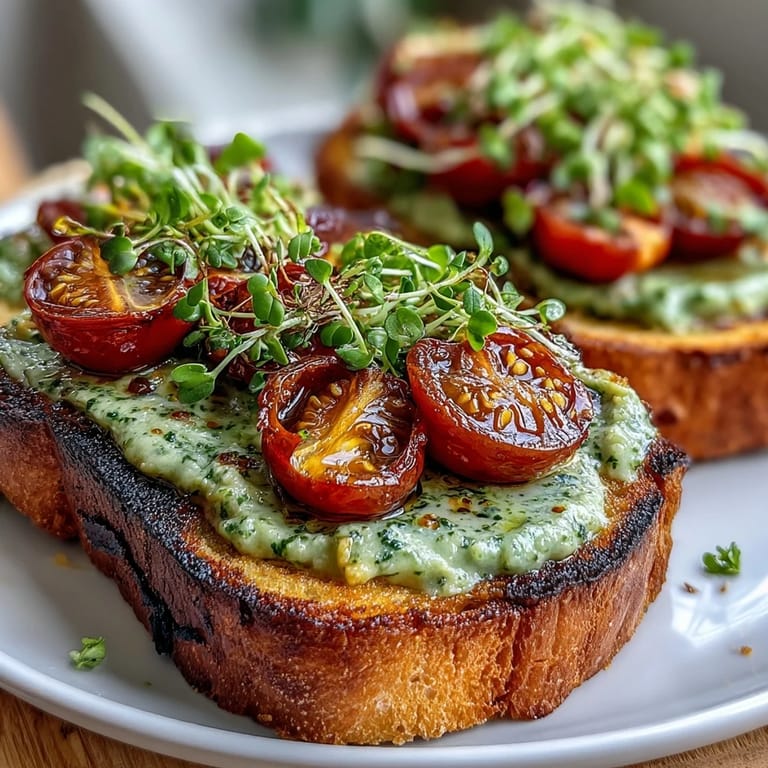 Rustic sourdough toast layered with rich avocado pesto, sweet cherry tomatoes, and delicate microgreens for a nourishing meal.