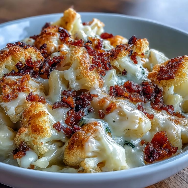 Low-carb cauliflower mac and cheese topped with smoky bacon crumbs and melted cheddar, perfect for keto comfort food.  