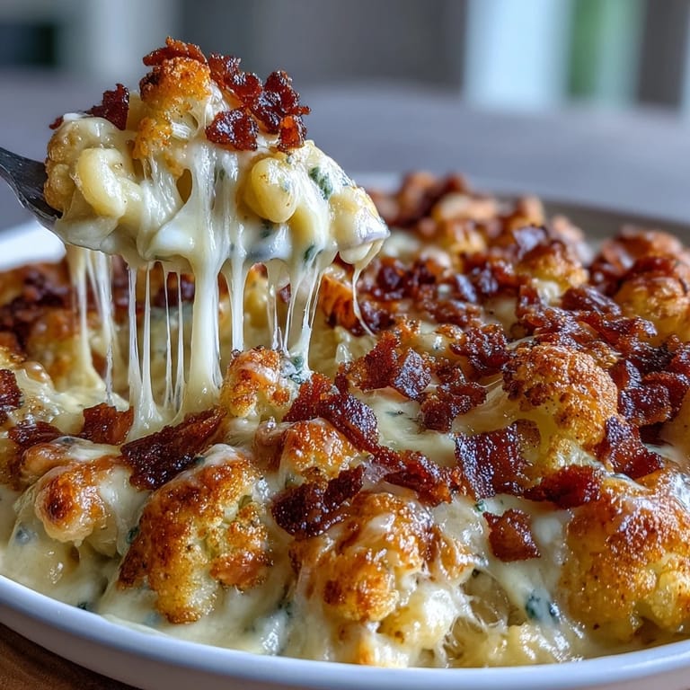 Roasted cauliflower in a rich cheese sauce, finished with crunchy bacon crumbs for a satisfying keto-friendly mac and cheese.