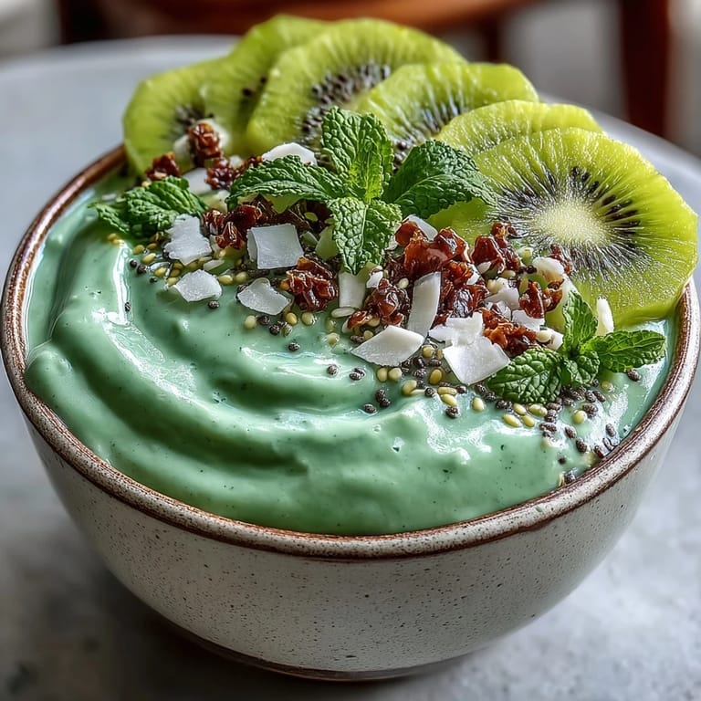 Bright green smoothie bowl featuring tropical fruits, creamy coconut milk, and a vibrant mango-chia topping for a healthy, energizing snack.