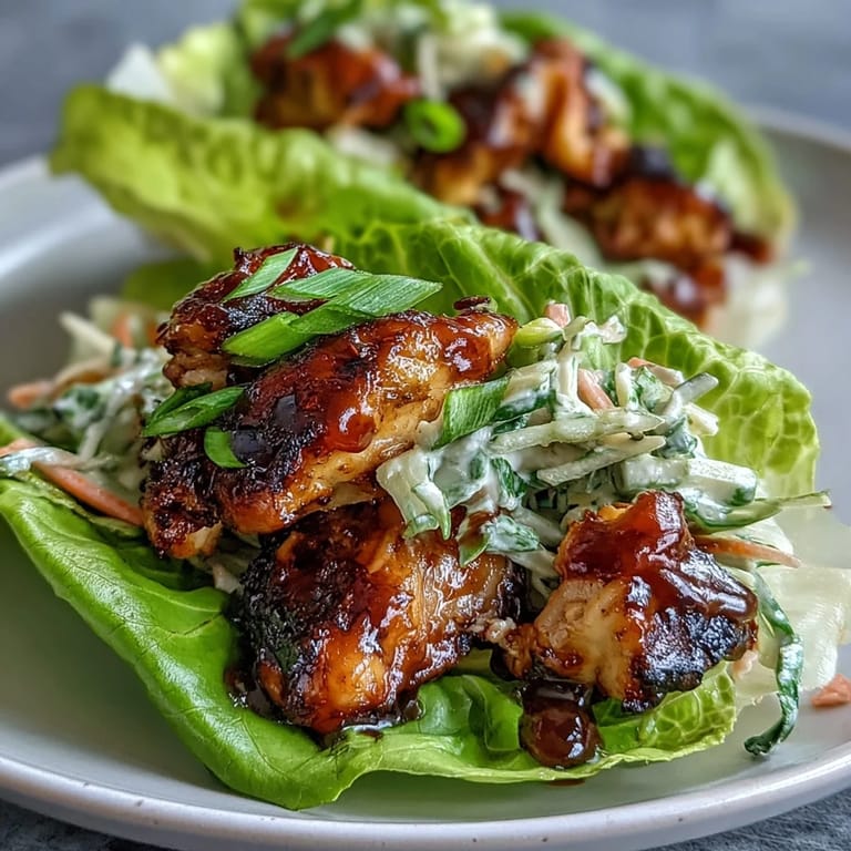 Juicy BBQ chicken breast slices nestled in fresh lettuce leaves with crunchy, creamy slaw topping.