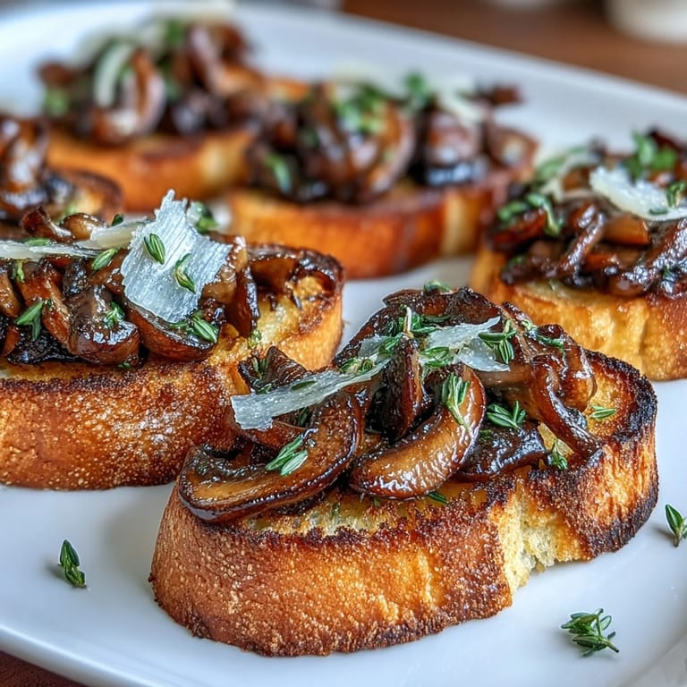 Elegant appetizer of toasted bread topped with garlicky wild mushrooms, fresh herbs, and delicate Parmesan curls.