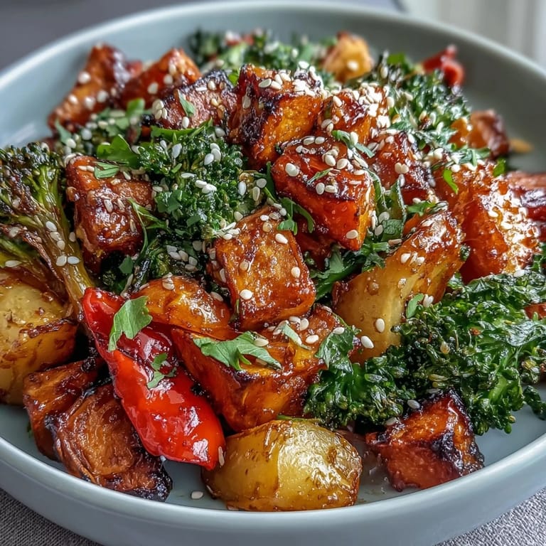 Golden roasted vegetables with caramelized edges, tossed in a silky miso-butter sauce for a comforting side dish.
