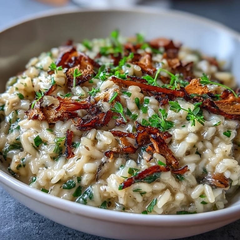 Aromatic truffle risotto served in a white bowl, garnished with vibrant pea shoots and a drizzle of truffle oil.