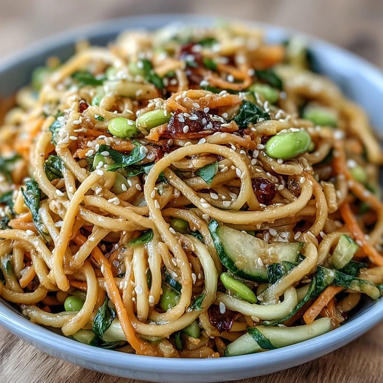 Cold sesame ginger noodles tossed with fresh veggies for a light, protein-packed meal.