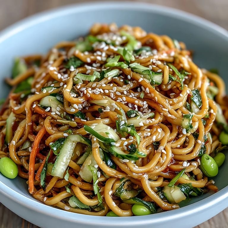 Vibrant sesame ginger noodle bowl topped with crunchy vegetables and toasted sesame seeds.  