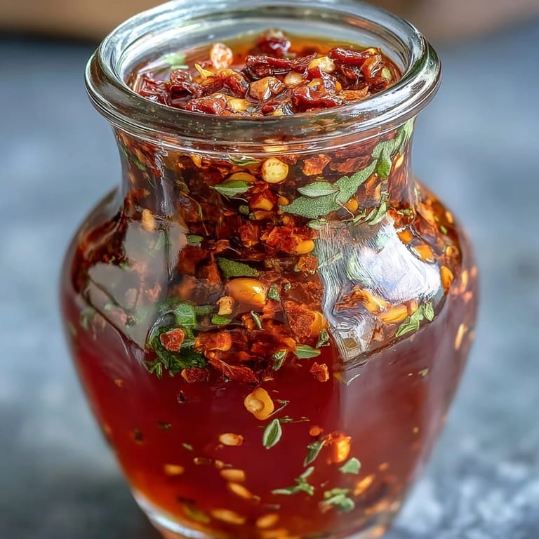 Fiery homemade Spicy Calabrian Chili Oil with crushed chilies and garlic, adding bold heat to grilled meats and vegetables.