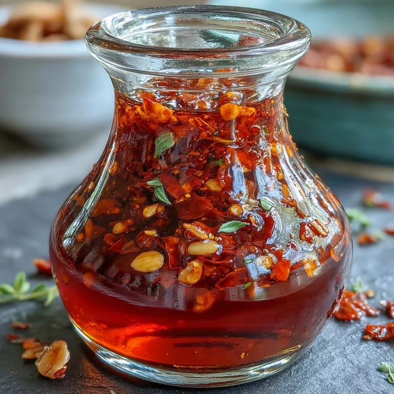 Rich golden Spicy Calabrian Chili Oil featuring aromatic garlic and oregano, ideal for dipping crusty bread or spicing up sandwiches.