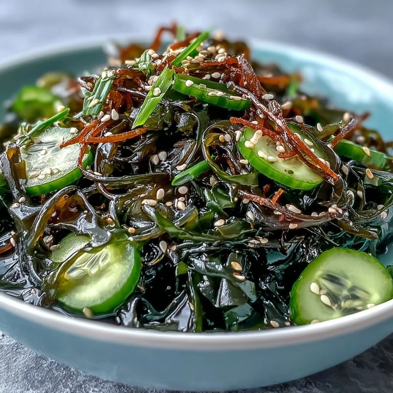 Vibrant seaweed salad tossed in zesty ponzu sauce, garnished with ginger, sesame, and colorful julienned vegetables.  