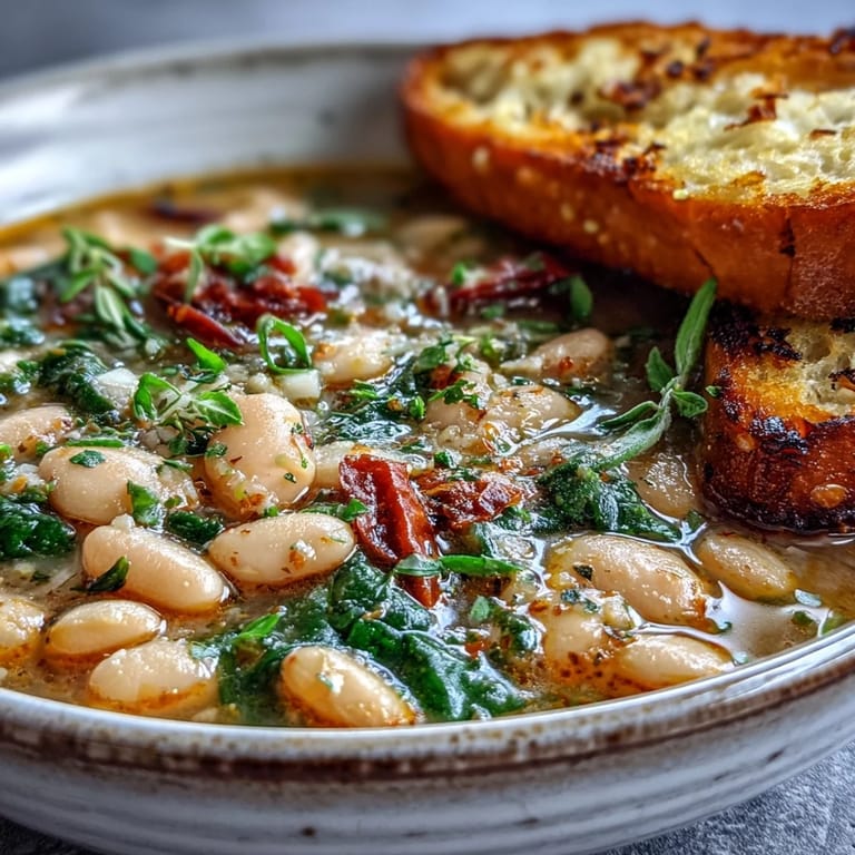 Hearty Tuscan white bean soup with spinach and tomatoes, paired with warm, buttery garlic bread for a satisfying dinner.