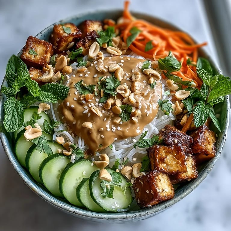 Deconstructed spring roll bowl with crunchy vegetables, fragrant herbs, and silky peanut sauce, perfect for a healthy lunch or dinner.