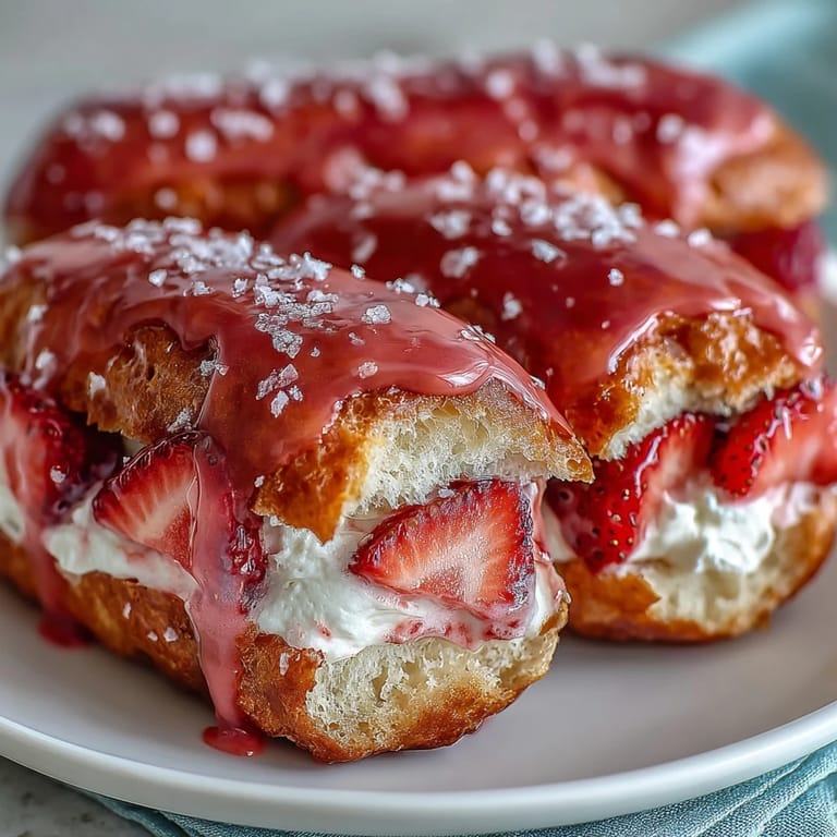 Romantic Valentine's Day dessert featuring golden éclairs piped with strawberry cream filling and finished with a vibrant strawberry glaze.  
