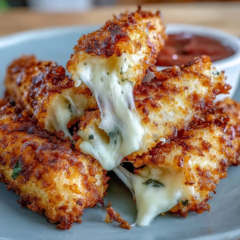 Hot mozzarella cheese oozing from crunchy breaded sticks paired with savory homemade marinara sauce in a bowl.  