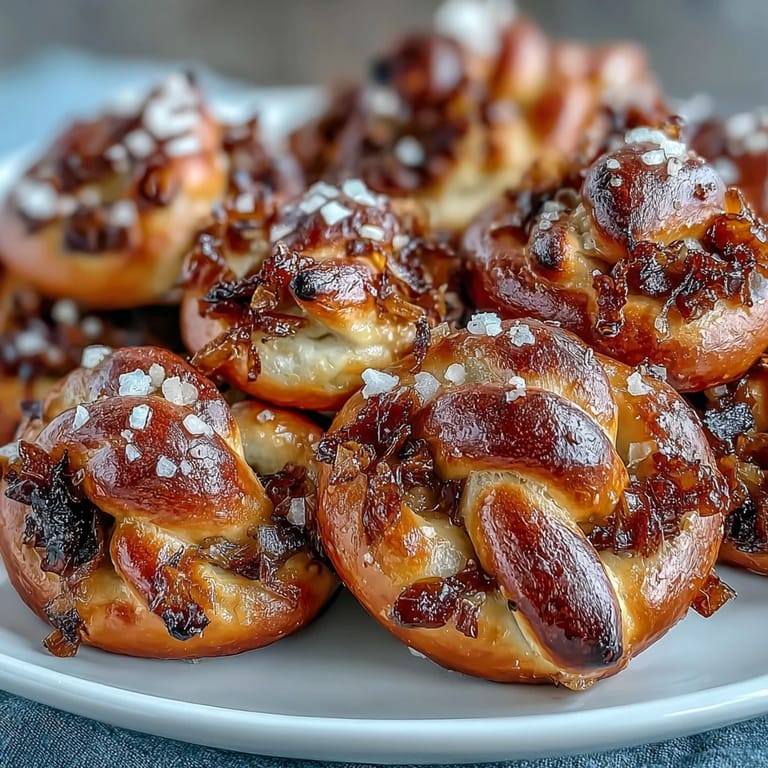 Handcrafted sourdough onion pretzel bites, golden brown and sprinkled with sea salt, ready for dipping or sharing.