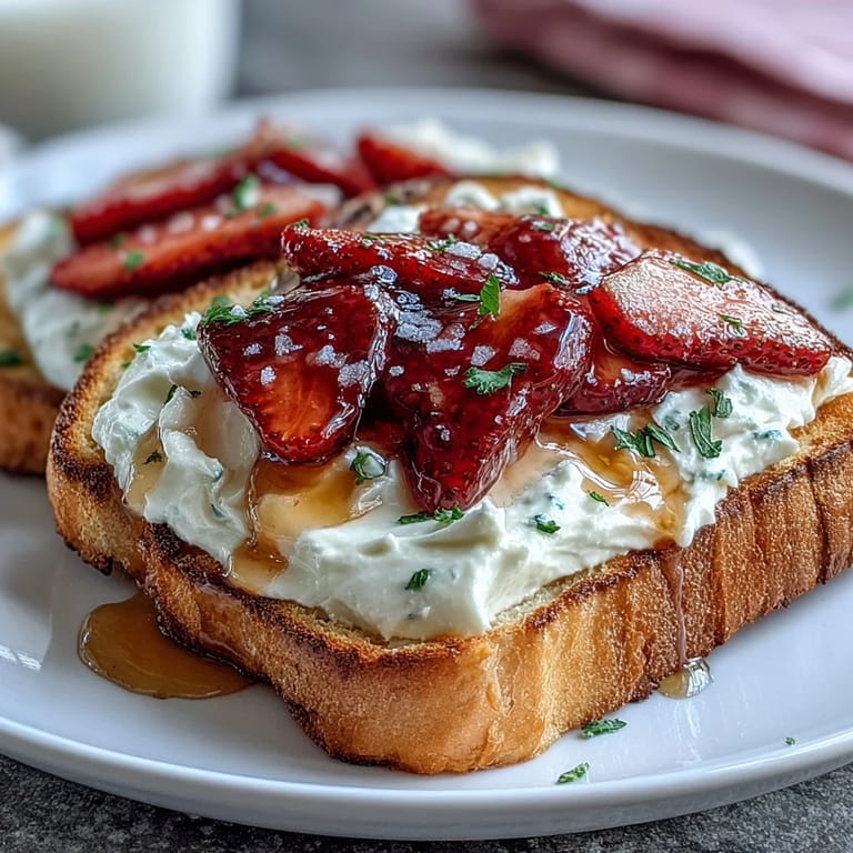 Creamy ricotta spread topped with juicy strawberries, lemon zest, and honey, garnished with mint leaves on rustic toast.