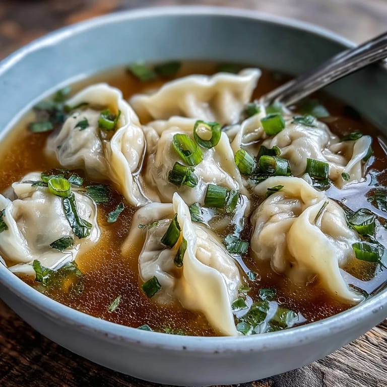 Close-up of homemade dumplings in chicken broth with scallions, showcasing the soft dough and rich, aromatic soup base.