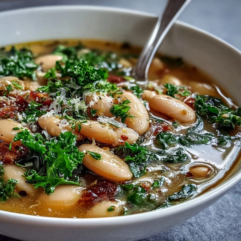 Hearty Tuscan soup featuring white beans, kale, and a bright lemon zest finish, ideal for a comforting vegetarian meal.