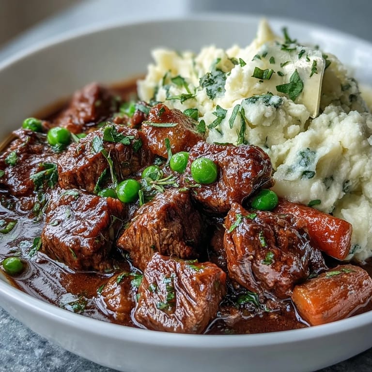 Lightened Irish beef stew featuring lean beef, carrots, and peas, ladled over smooth cauliflower mash.  