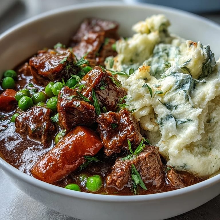 Comforting Irish beef stew with red wine and herbs, served with a low-carb cauliflower mash topping.