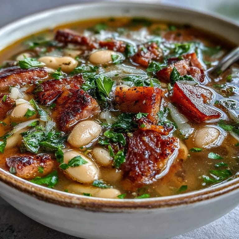 Creamy cannellini beans, tender ham, and aromatic herbs simmer in a comforting, savory broth.